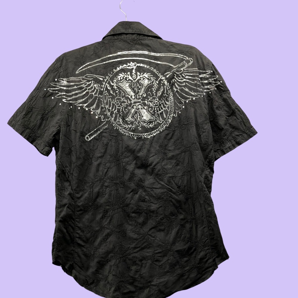 Vintage Y2K XRAY Black Foil Winged Crest Rhinestone Button Up Shirt Mens M